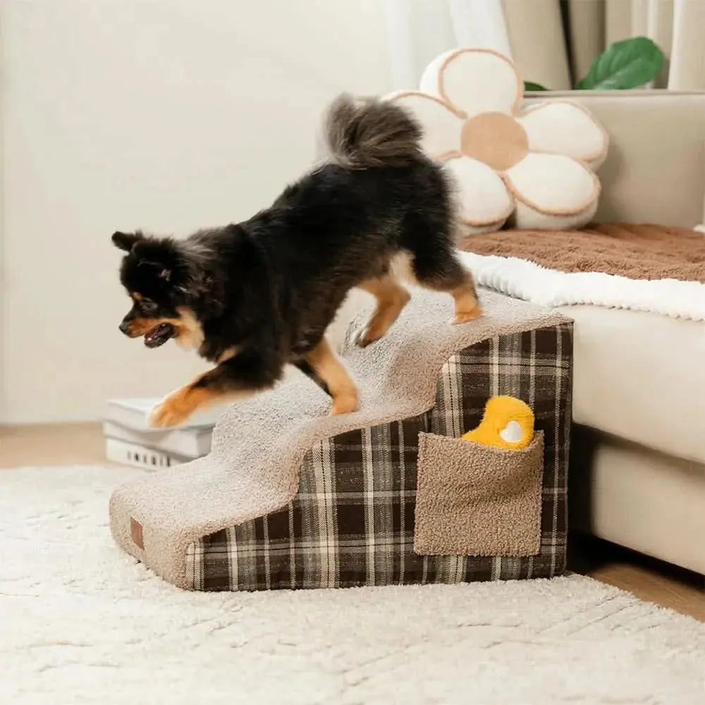 Plush Plaid High-Density Sponge Removable Pet Ramp Stairs - ComfyClimb Tektoty
