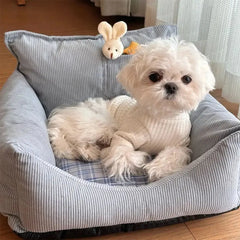 Rustic Corduroy Plaid Patchwork Dog Sofa Bed with Toy Tektoty