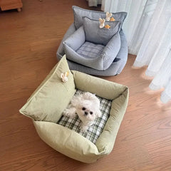 Rustic Corduroy Plaid Patchwork Dog Sofa Bed with Toy Tektoty