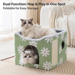Soft Plush Foldable Dual-Level Cat House with Scratch Board Tektoty