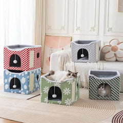 Soft Plush Foldable Dual-Level Cat House with Scratch Board Tektoty