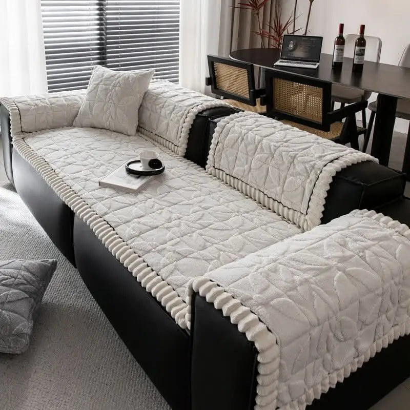 Thickened Short Plush Leaf Pattern Scratch Resistant Non-Slip Couch Cover Tektoty