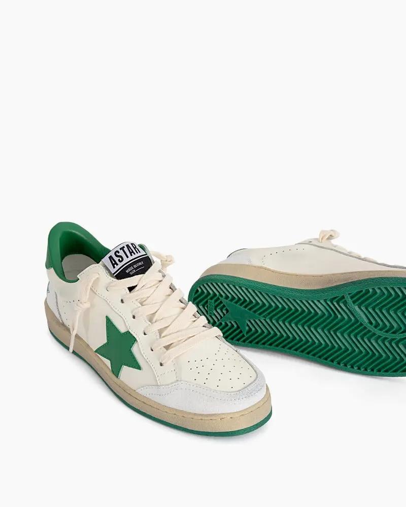 Men's White Nappa Leather Sneakers with Green Good Luck Star Tektoty