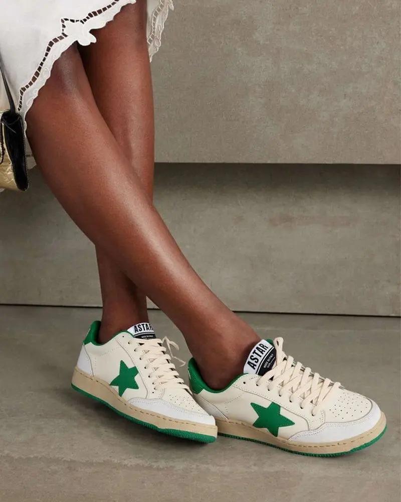 White Nappa Leather Sneakers with Green Good Luck Star LarosaStyle