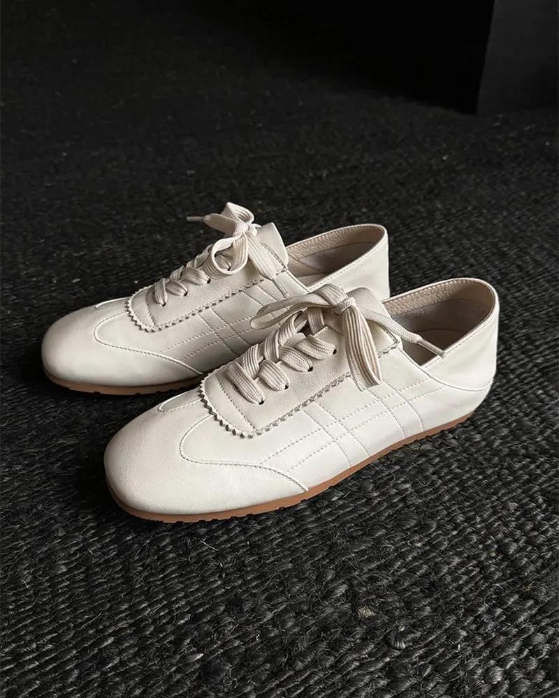 Retro Nappa Leather Lace-Up Flat Sneakers Tektoty
