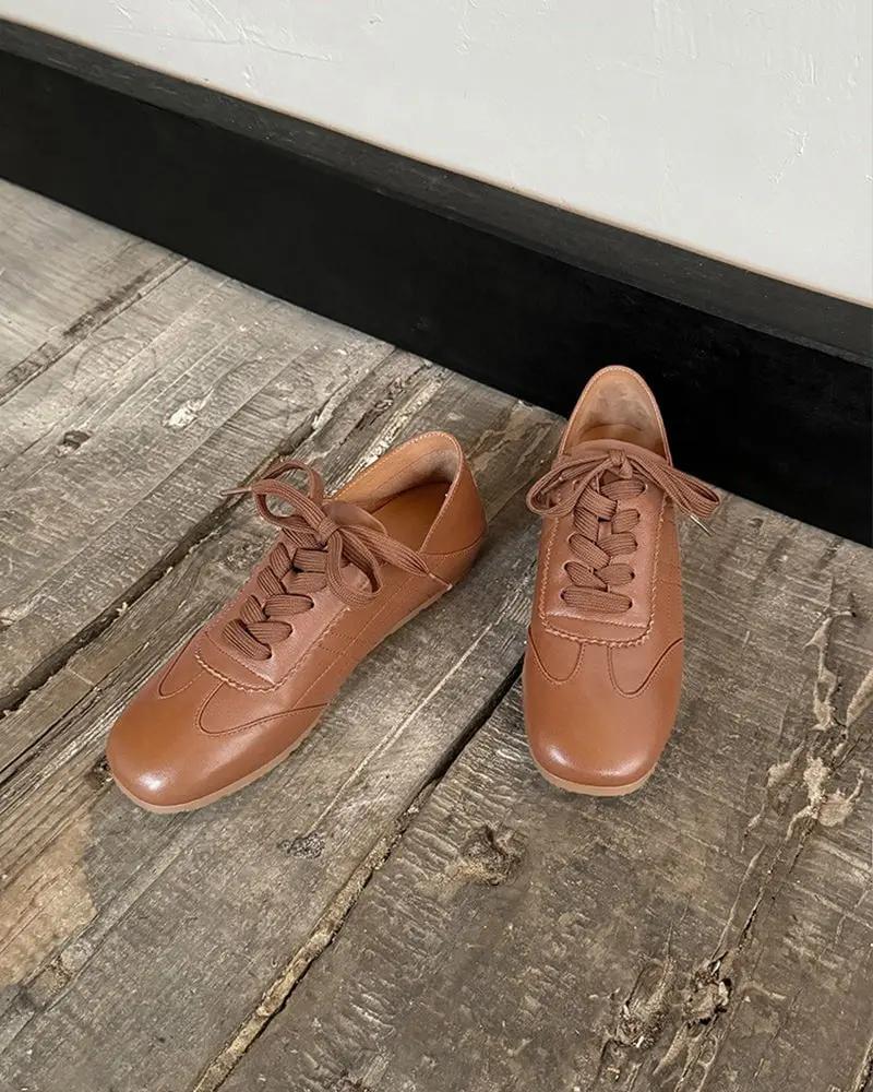 Retro Nappa Leather Lace-Up Flat Sneakers Tektoty