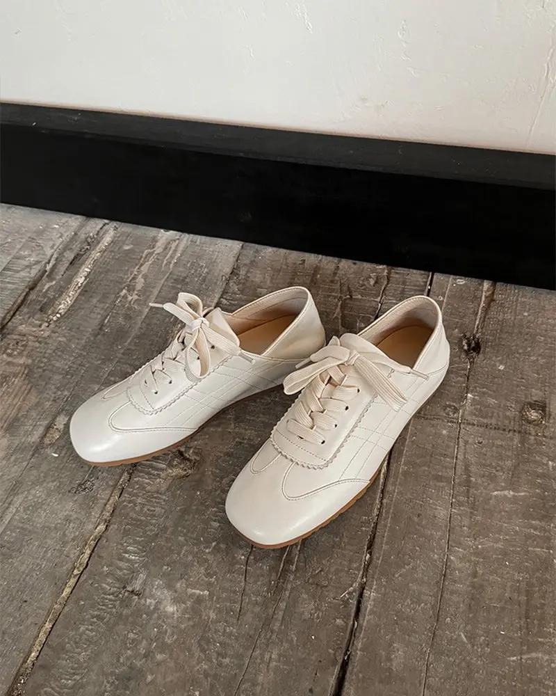 Retro Nappa Leather Lace-Up Flat Sneakers Tektoty