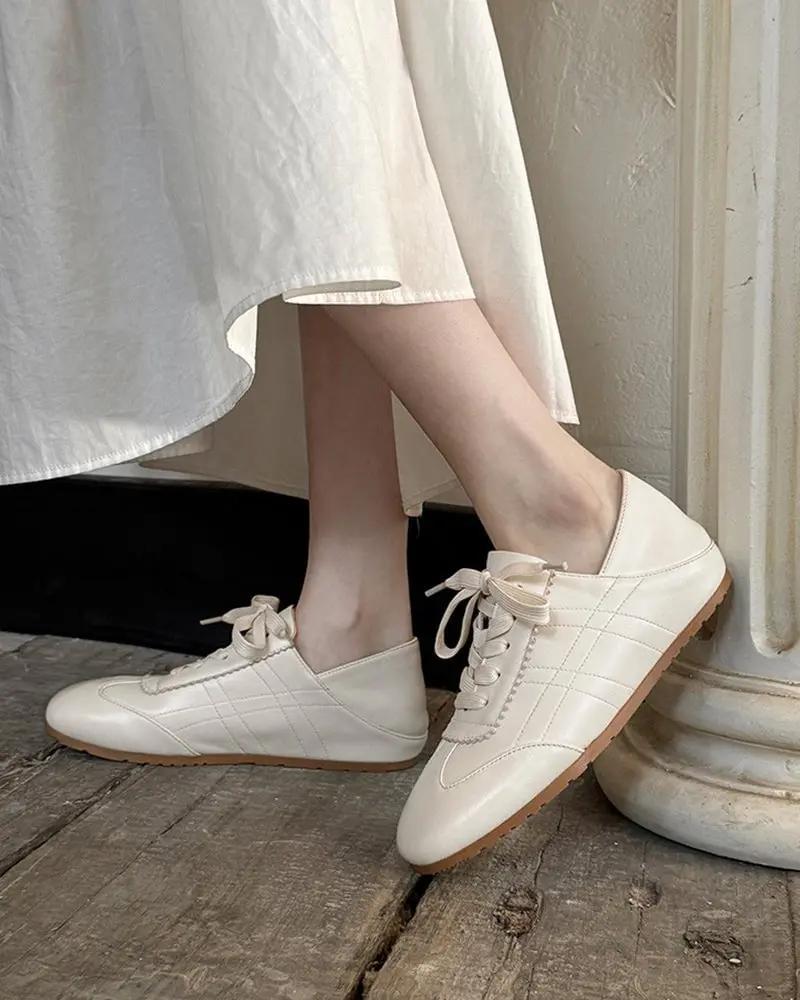 Retro Nappa Leather Lace-Up Flat Sneakers Tektoty