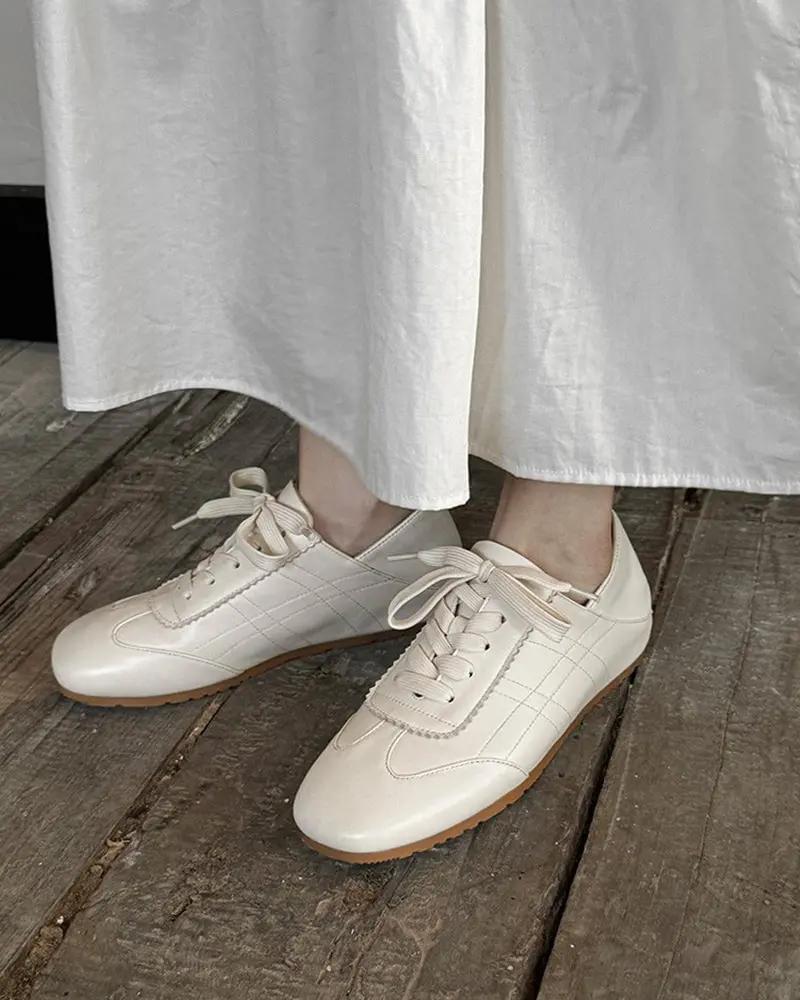 Retro Nappa Leather Lace-Up Flat Sneakers Tektoty