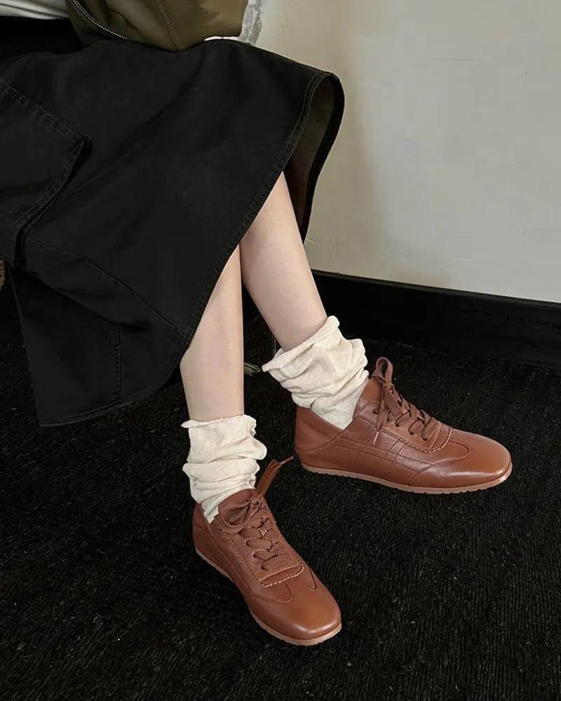 Retro Nappa Leather Lace-Up Flat Sneakers Tektoty