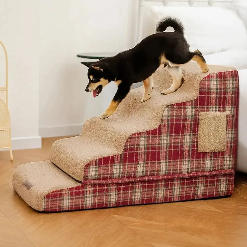 Plush Plaid High-Density Sponge Removable Pet Ramp Stairs - ComfyClimb Tektoty