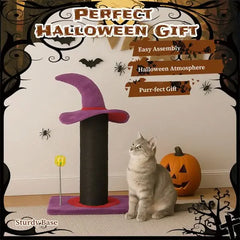 Wizard Hat Cat Scratching Post With Spring Ball Toy For Indoor Cats, Halloween Spooky Cat Scratcher, Purple Tektoty