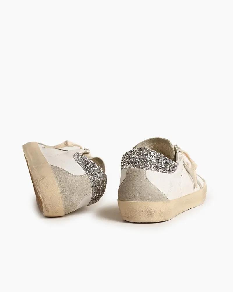 White Nappa Leather Sneakers with Gray Star and Silver Glitter Heel Tab Tektoty
