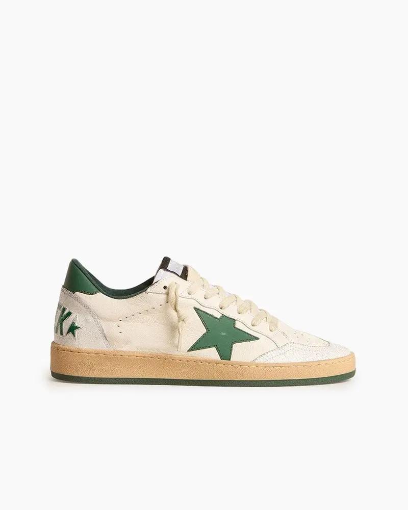 Men's White Nappa Leather Sneakers with Green Leather Star and Heel Tab Tektoty