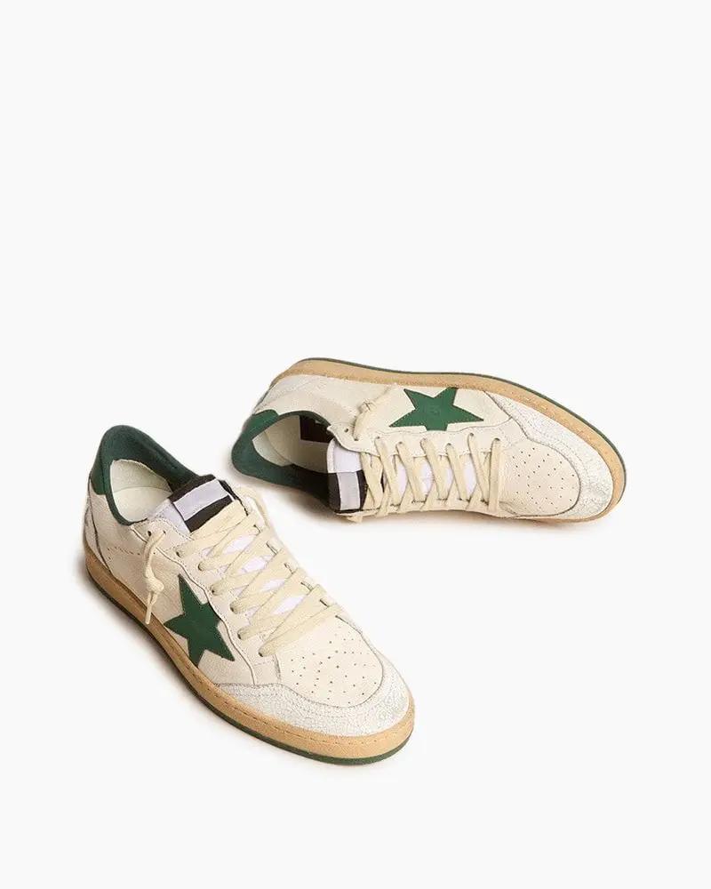Men's White Nappa Leather Sneakers with Green Leather Star and Heel Tab Tektoty