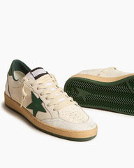 Men's White Nappa Leather Sneakers with Green Leather Star and Heel Tab Tektoty
