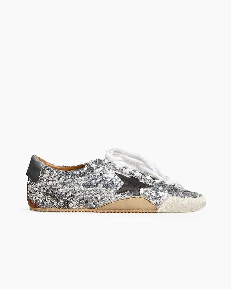 Silver Sequins Sneakers with Black Star and Beige Heel Tab Tektoty