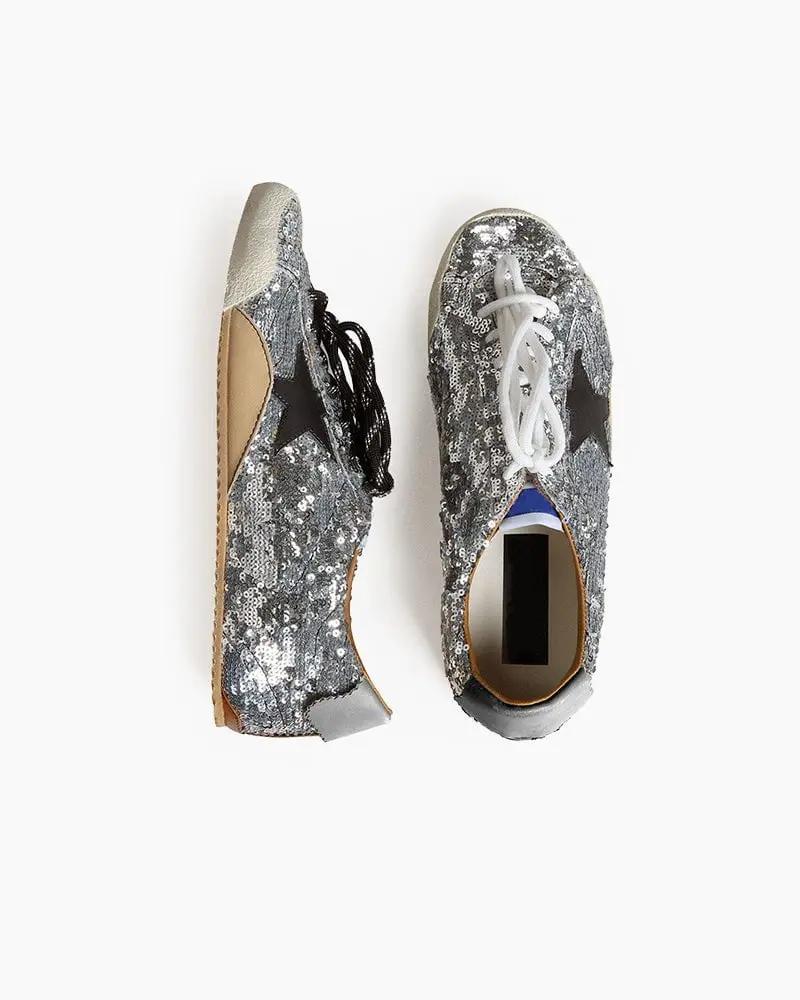 Silver Sequins Sneakers with Black Star and Beige Heel Tab Tektoty