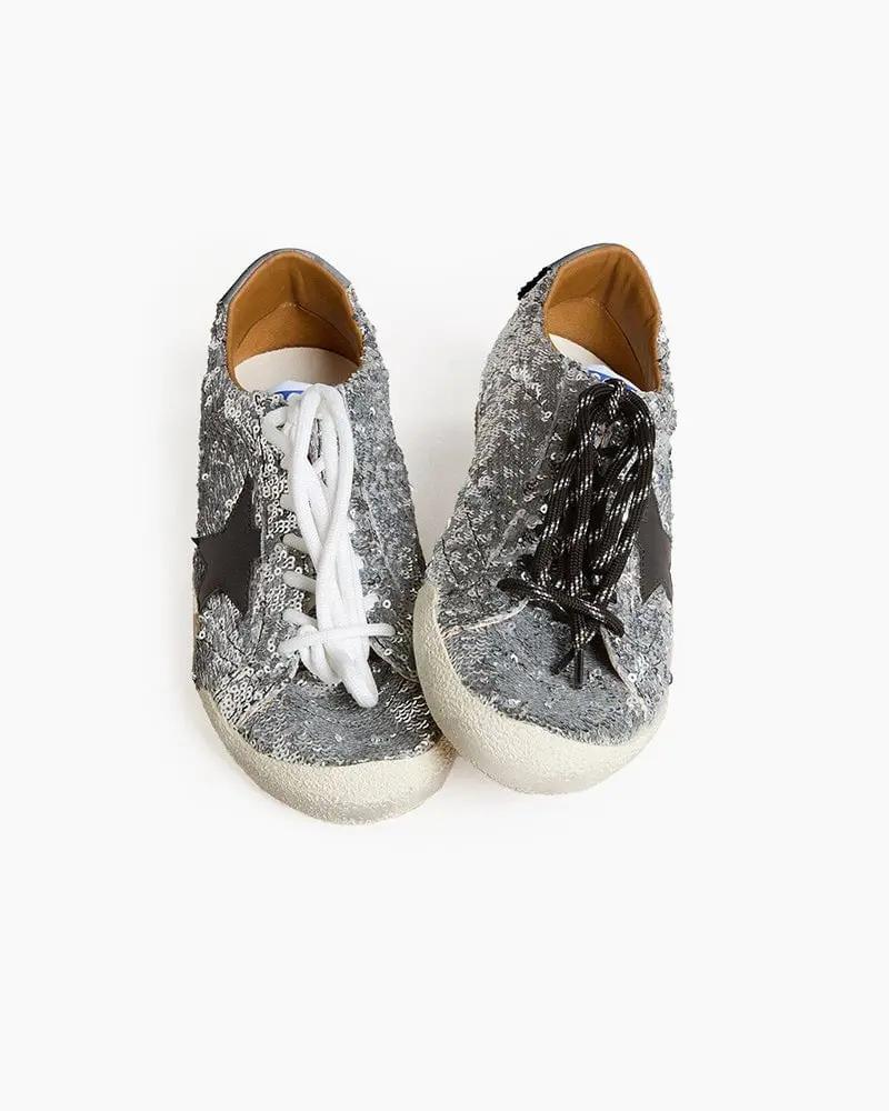Silver Sequins Sneakers with Black Star and Beige Heel Tab Tektoty