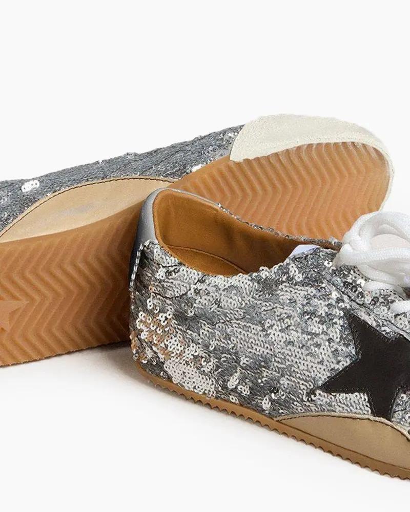 Silver Sequins Sneakers with Black Star and Beige Heel Tab Tektoty
