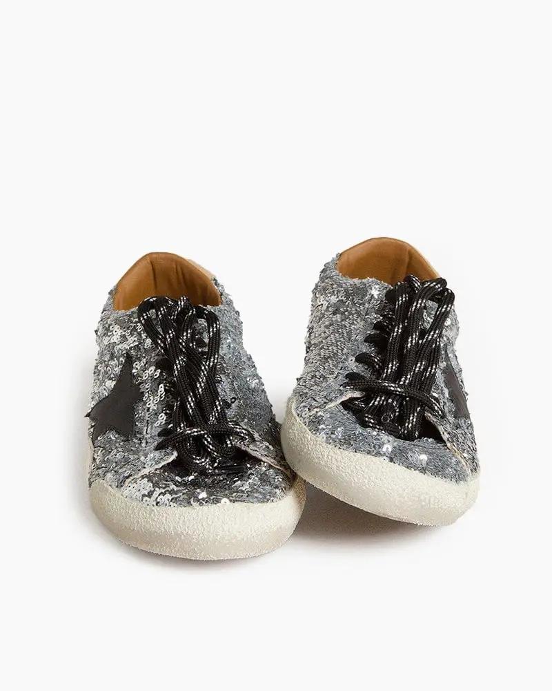 Silver Sequins Sneakers with Black Star and Beige Heel Tab Tektoty