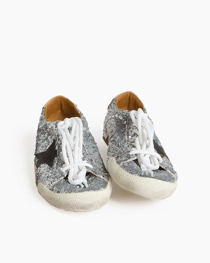 Silver Sequins Sneakers with Black Star and Beige Heel Tab Tektoty