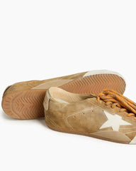 Tobacco Colored Suede Nappa Leather Sneakers with White Star and Gold Heel Tab Tektoty