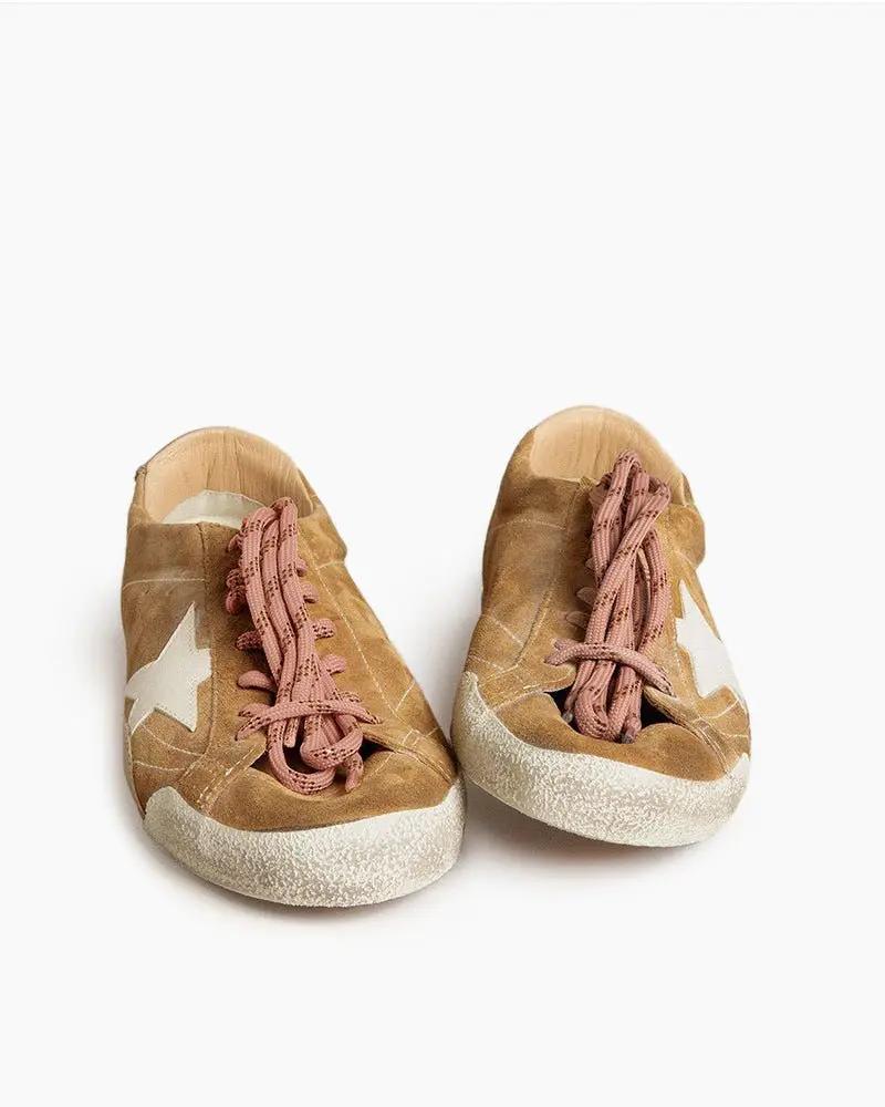 Tobacco Colored Suede Nappa Leather Sneakers with White Star and Gold Heel Tab Tektoty