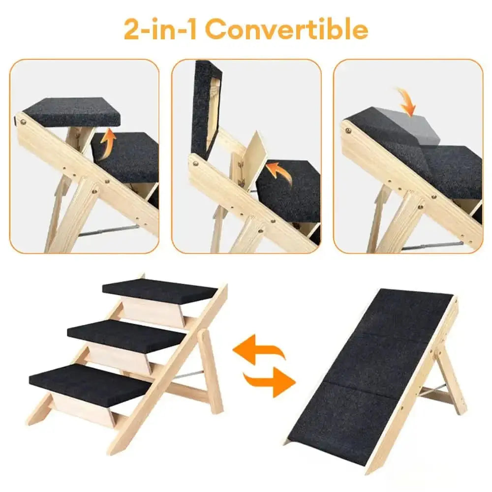 2-in-1 Foldable Wooden Dog Stairs & Ramp with Non-Slip Pad Tektoty