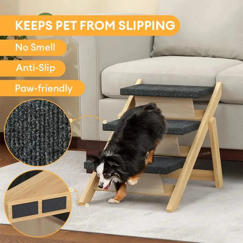 2-in-1 Foldable Wooden Dog Stairs & Ramp with Non-Slip Pad Tektoty