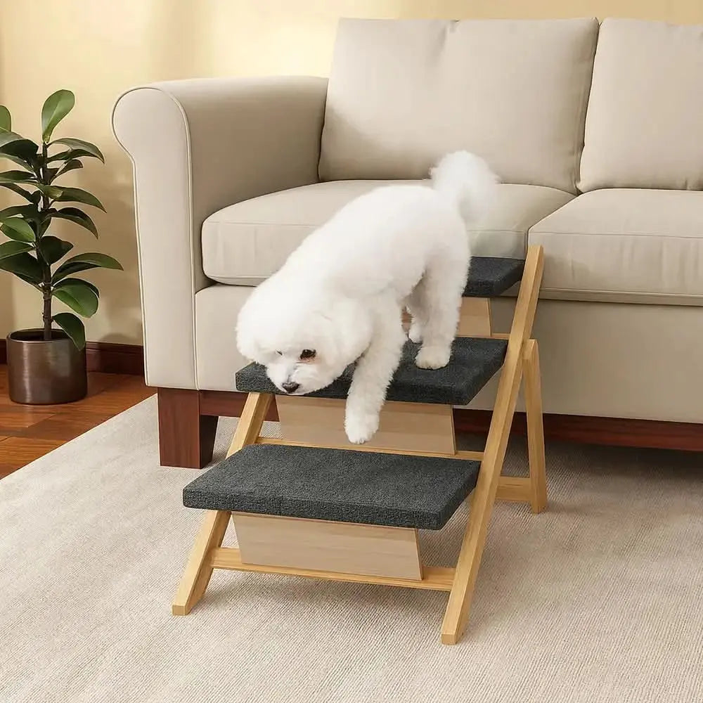 2-in-1 Foldable Wooden Dog Stairs & Ramp with Non-Slip Pad Tektoty