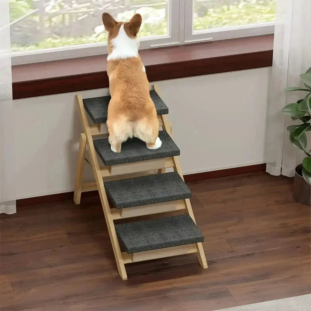 2-in-1 Foldable Wooden Dog Stairs & Ramp with Non-Slip Pad Tektoty