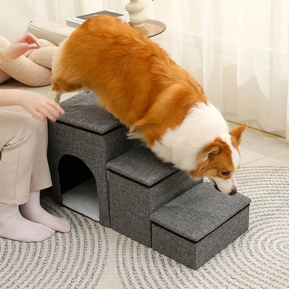 Portable Multi-Functional Foldable Dog Stairs with Storage and Condo Tektoty