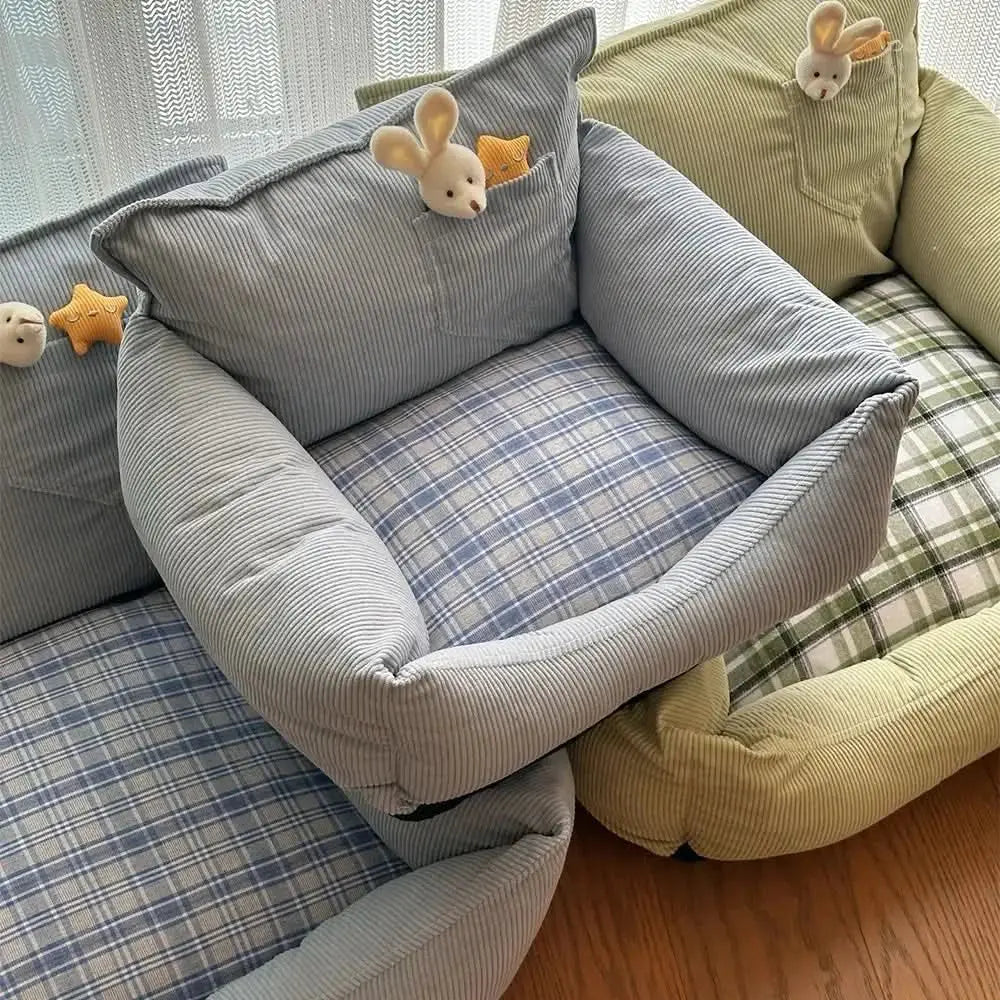 Rustic Corduroy Plaid Patchwork Dog Sofa Bed with Toy Tektoty