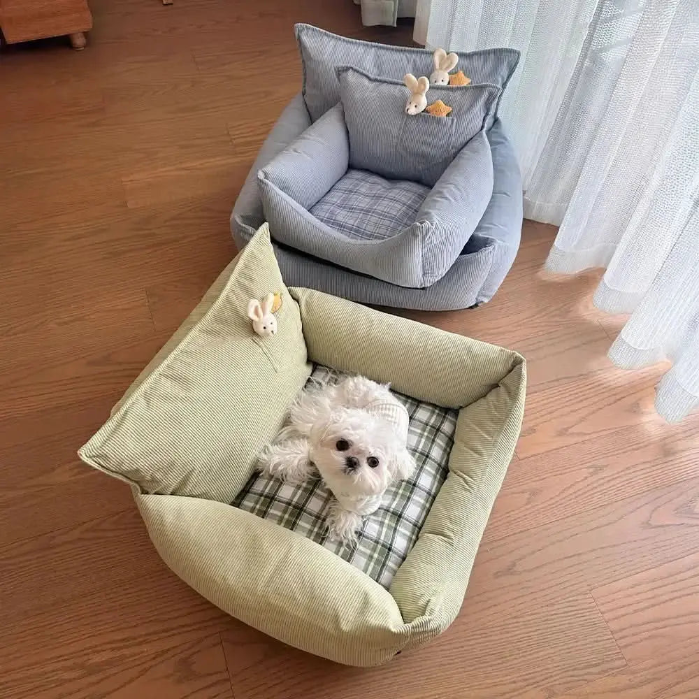 Rustic Corduroy Plaid Patchwork Dog Sofa Bed with Toy Tektoty