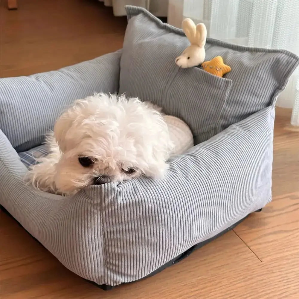 Rustic Corduroy Plaid Patchwork Dog Sofa Bed with Toy Tektoty