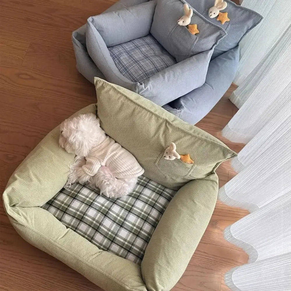 Rustic Corduroy Plaid Patchwork Dog Sofa Bed with Toy Tektoty