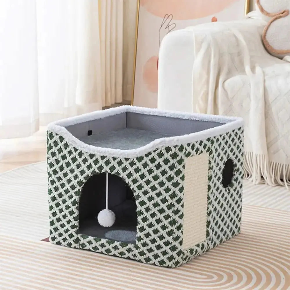 Soft Plush Foldable Dual-Level Cat House with Scratch Board Tektoty