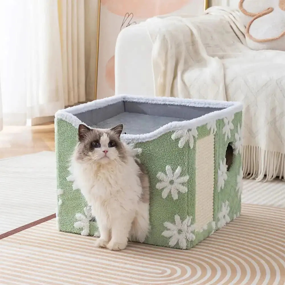 Soft Plush Foldable Dual-Level Cat House with Scratch Board Tektoty
