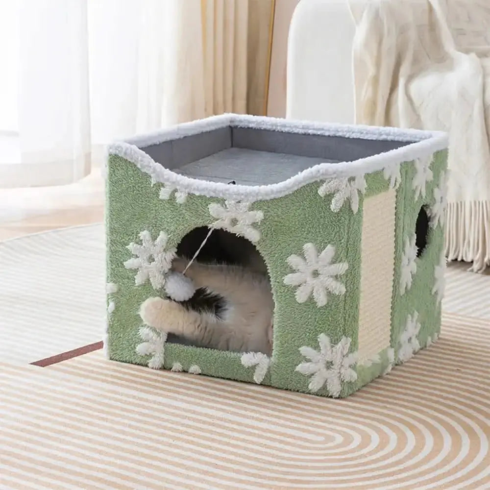 Soft Plush Foldable Dual-Level Cat House with Scratch Board Tektoty