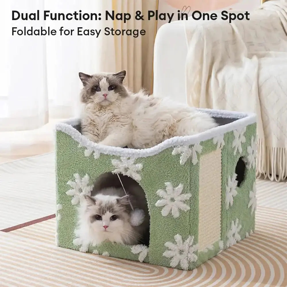 Soft Plush Foldable Dual-Level Cat House with Scratch Board Tektoty