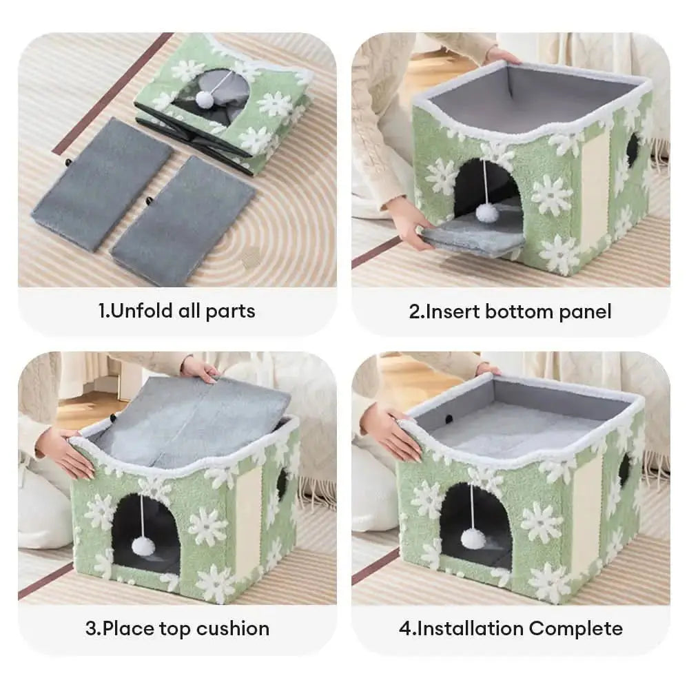 Soft Plush Foldable Dual-Level Cat House with Scratch Board Tektoty