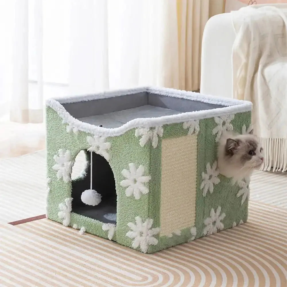 Soft Plush Foldable Dual-Level Cat House with Scratch Board Tektoty