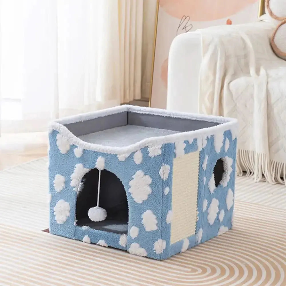 Soft Plush Foldable Dual-Level Cat House with Scratch Board Tektoty