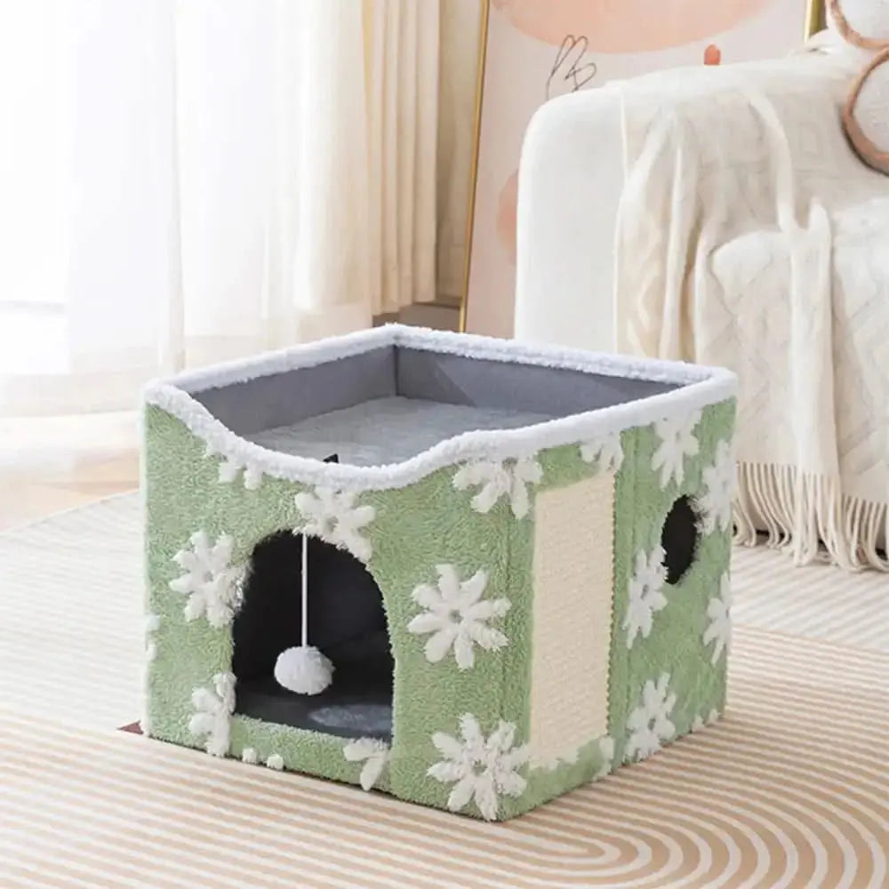 Soft Plush Foldable Dual-Level Cat House with Scratch Board Tektoty