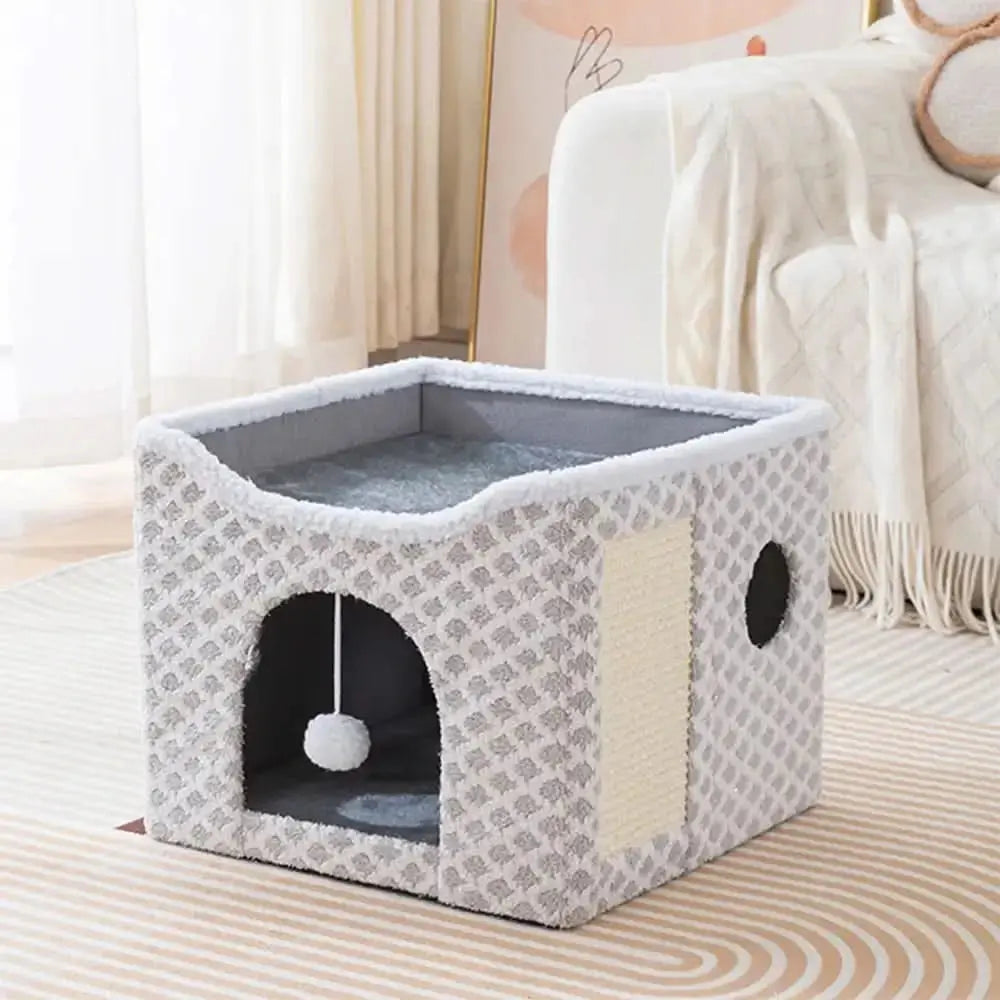 Soft Plush Foldable Dual-Level Cat House with Scratch Board Tektoty
