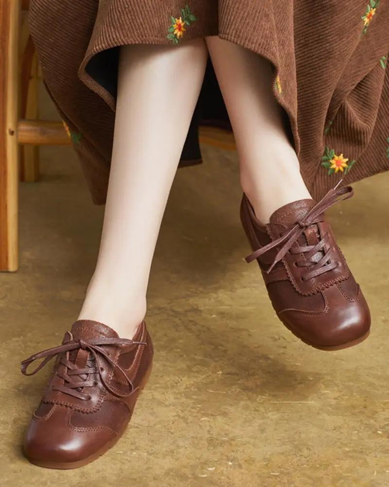 Retro Brown Nappa Leather Vintage Lace-Up Sneakers Tektoty
