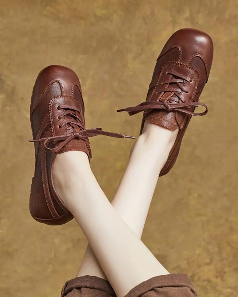 Retro Brown Nappa Leather Vintage Lace-Up Sneakers Tektoty