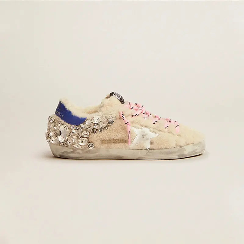 Korean style distressed star sneakers for women, blue sequined crystal plush, 2025 new style, hidden wedge heel, distressed sneakers.Korean style distressed star sneakers for women, blue sequined crystal plush, 2025 new style, hidden wedge heel, distresse Tektoty