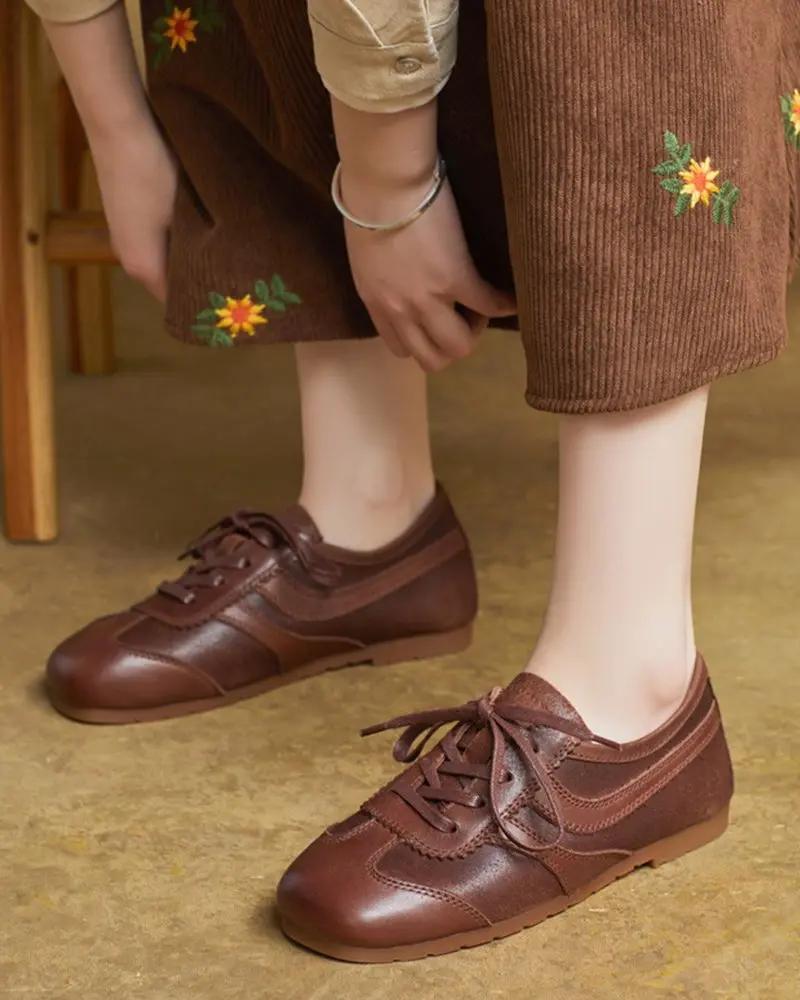 Retro Brown Nappa Leather Vintage Lace-Up Sneakers Tektoty